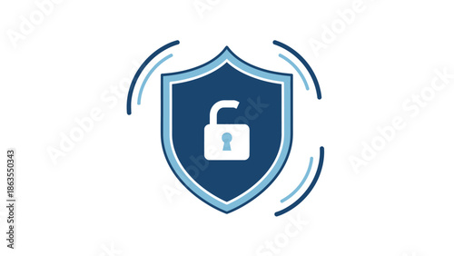 Cyber security vulnerability icon, blue shield with open padlock symbol, indicating data breach, unlocked access, or risk