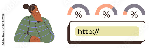 Digital goals, progress tracking, online analysis, strategic planning, personal development, internet use. Person thinking with progress bars and a URL box displayed. Digital goals and progress