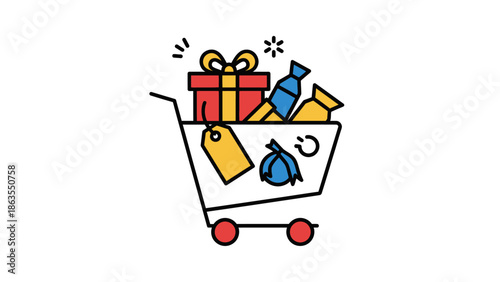 Vibrant line art illustration of a shopping cart filled with products, a gift box, and price tag. E-commerce, retail, and consumer buying.