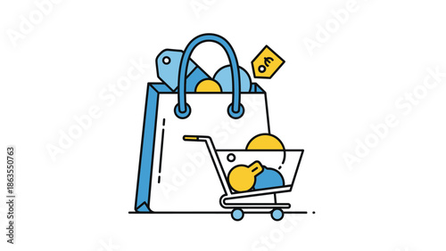 E-commerce shopping bag and cart icon illustration. Digital retail, online store, marketplace, consumer goods purchase, sale, discount concept.