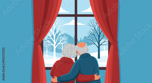 Elderly couple warmly hugging while looking out of a window at a serene snowy winter landscape with bare trees.