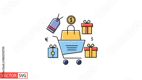 Shopping cart with gift boxes, price tags, and currency symbols. E-commerce, online retail, sales, discounts, and consumerism concept.