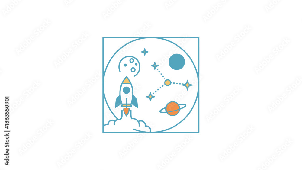 Obraz premium Space exploration vector illustration with rocket launch, planets, stars, and constellation. Cosmic journey and discovery concept.