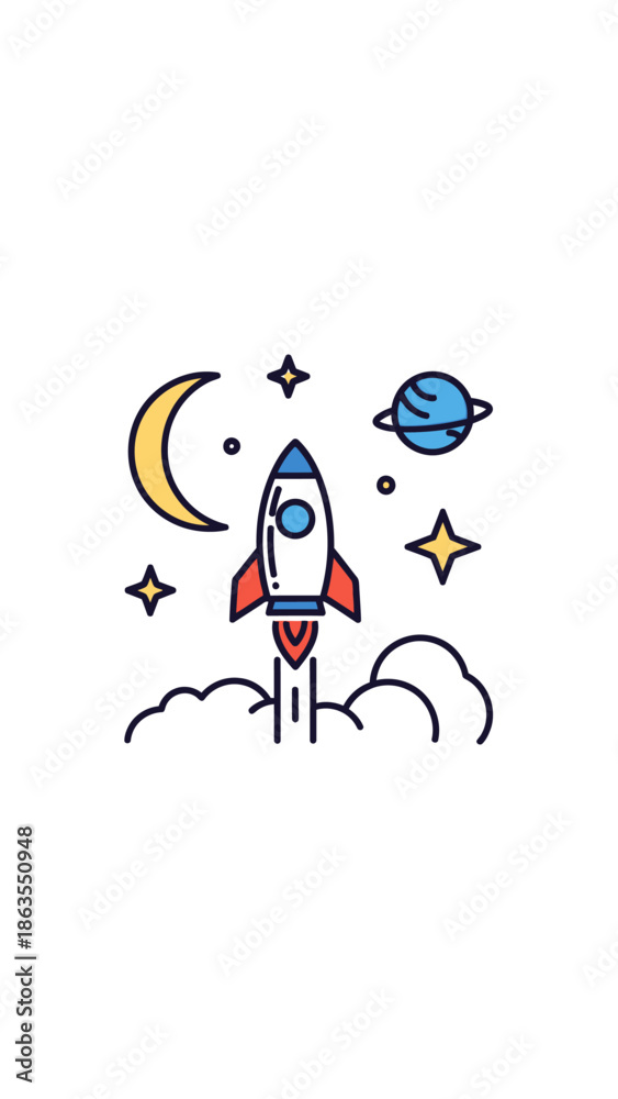 Obraz premium Vibrant Line Art Rocket Launching into Outer Space with Moon, Stars, and Planet. Concept for Exploration, Future, and Science.