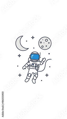 Cartoon astronaut floating in outer space with crescent moon, full moon, and stars, cosmic exploration vector illustration