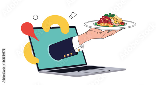 Hand emerging from a laptop screen holding a plate of gourmet food to represent modern online food delivery services.