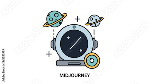 Futuristic space helmet and planets flat vector illustration, cosmic exploration and technology concept.