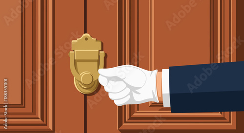 Hand wearing a white formal glove about to knock on a classic wooden door using a brass lion head knocker.