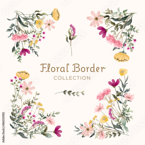 pink yellow wildflower border corner watercolor collection