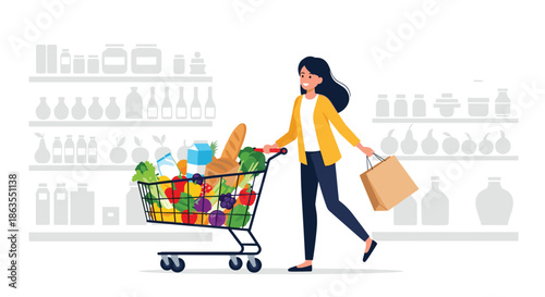Smiling young woman pushing a shopping cart filled with fresh groceries and carrying a paper bag in a supermarket.