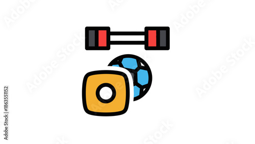 Colorful graphic icon set of fitness and sports equipment: dumbbell, soccer ball, and weight plate for exercise