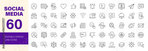 Social Media icon set. Editable line icons. Vector illustration.