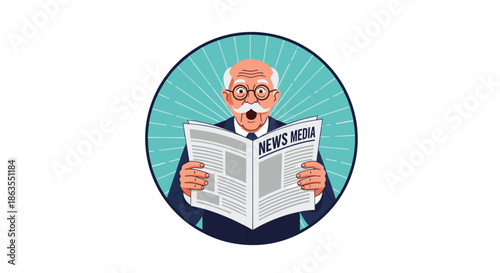Surprised elderly man wearing glasses holding a newspaper with the news media headline in a circular frame.