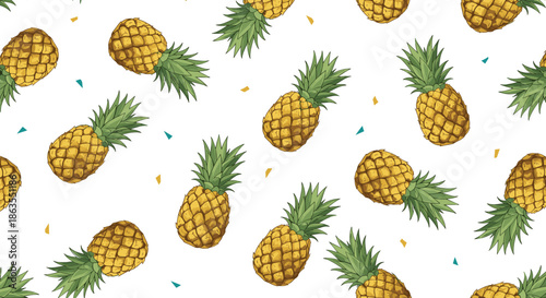 Vibrant seamless pattern featuring many ripe pineapples and colorful confetti scattered across a white background.