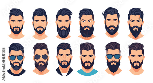 Diverse collection of male avatar portraits showcases various trendy beard styles, haircuts, and fashionable sunglasses for modern men.