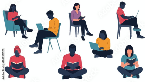 Diverse group of people of various ethnicities and genders sitting and reading books or using laptops in a casual setting.