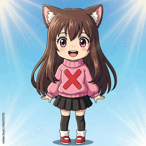 Adorable Chibi Anime Girl With Cat Ears Smiling Happily