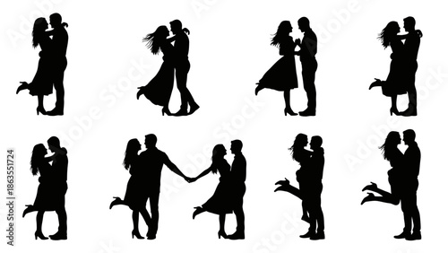 Collection of eight silhouette illustrations depicting couples in romantic embraces and poses.