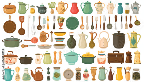 Essential Kitchen Utensils Arranged in a Grid - Vector Illustration