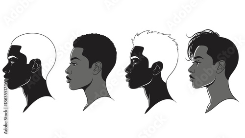 Four distinct profile illustrations of young men's heads, showcasing diverse hairstyles and skin tones.