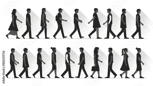 Silhouettes of diverse men and women walking in profile, presented in two rows against a white background with long shadows.