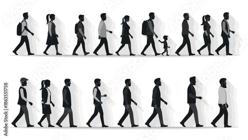 A collection of diverse silhouettes of people walking in two distinct rows, showcasing various ages, genders, and attire, casting long shadows.