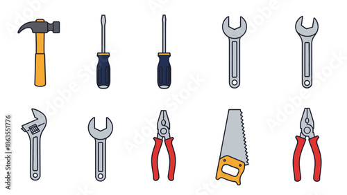 Vector illustration of essential hand tools set for home repair, construction, and DIY projects. Hammer, wrenches, screwdrivers, saw, pliers.