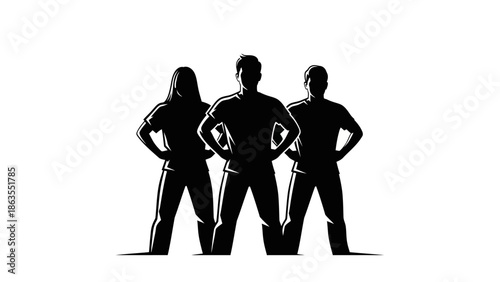 Silhouette of three confident individuals standing with hands on hips against a white background, symbolizing teamwork and strength.