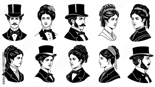 Vintage illustrations of men and women in formal attire, showcasing historical fashion and portraiture.