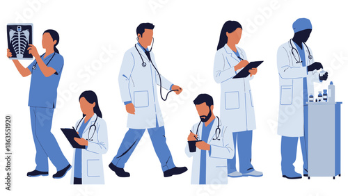 A diverse group of medical professionals in a clinic setting, engaged in various healthcare activities.