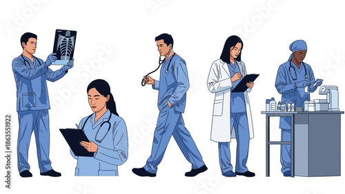 A diverse group of medical professionals in scrubs and lab coats, examining X-rays and taking notes.