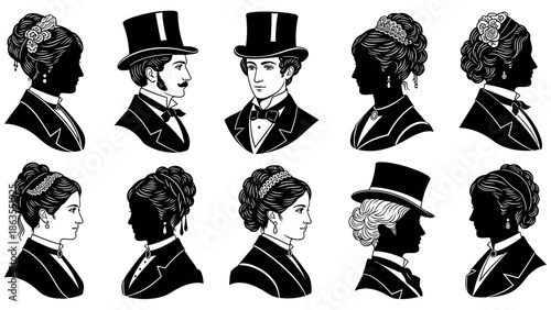 Collection of Victorian-era silhouettes of men and women in formal attire, showcasing hairstyles and hats.