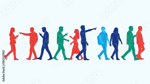 Silhouettes of diverse people walking and interacting, some looking at phones, others pointing, in a line of vibrant colors.