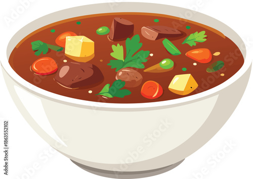 Hearty Soup: A vibrant and delicious soup is artfully presented in a ceramic bowl. It's a comforting scene, perfect for food enthusiasts.