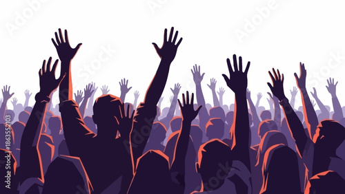 A diverse crowd of people raising their hands in the air, symbolizing unity and participation.