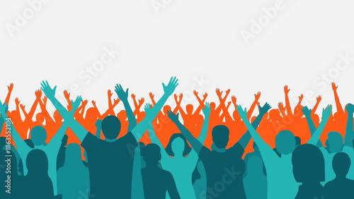 A diverse crowd of people with their arms raised in celebration or excitement.