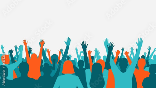A diverse crowd of people with their arms raised in celebration or protest against a white background.