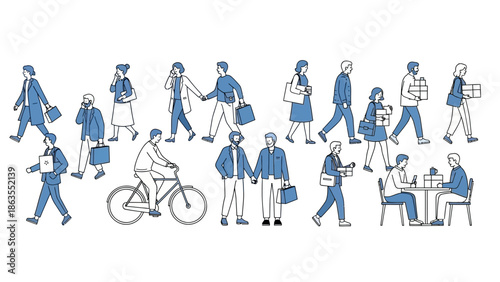A diverse group of people depicted in a minimalist blue and white line art style, engaged in various everyday activities.