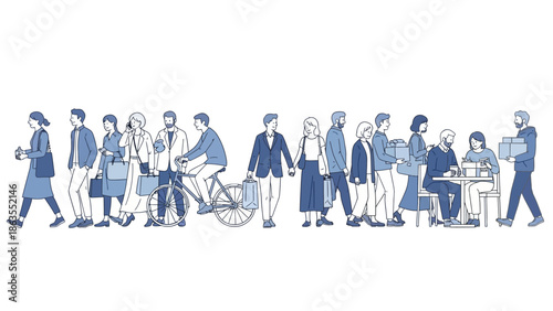 A diverse group of people in casual attire are depicted in a linear illustration, engaged in various activities such as walking, cycling, and shopping.