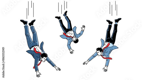 Three businessmen in suits falling through the air, depicted in a stylized illustration.