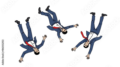 Three businessmen in suits falling through the air with their arms and legs outstretched.