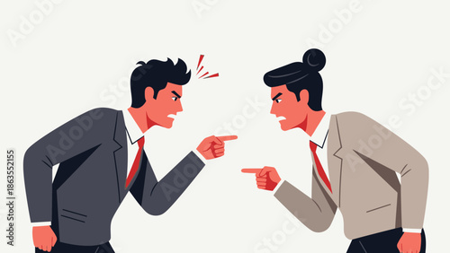 Two businessmen in suits are angrily pointing fingers at each other, symbolizing conflict and disagreement.
