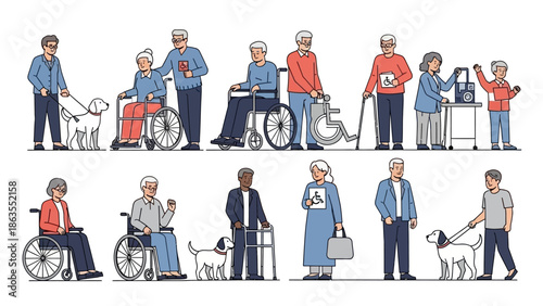 Diverse group of elderly people with mobility aids and assistance animals, illustrating independence and support in daily life.