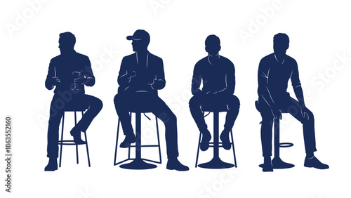 Four silhouetted men sitting on bar stools, viewed from the front against a white background.