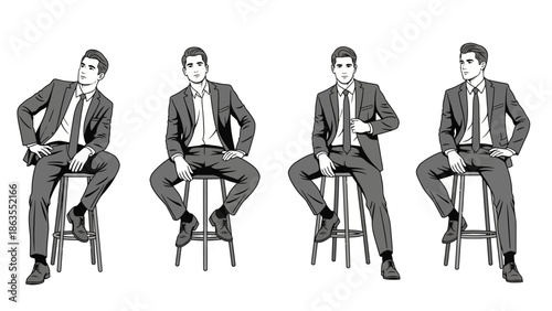 Four men in suits sitting on stools, demonstrating various poses and styles.