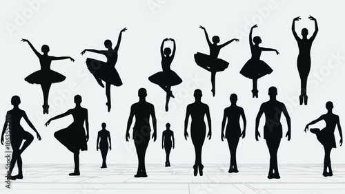 Silhouettes of ballet dancers in various poses against a white background.