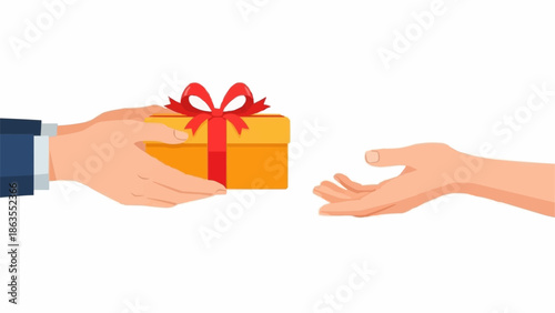 Hand giving a gift box with red ribbon to another hand.