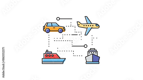 Global transportation network concept with car, airplane, boat, and ship icons illustrating logistics and delivery routes.