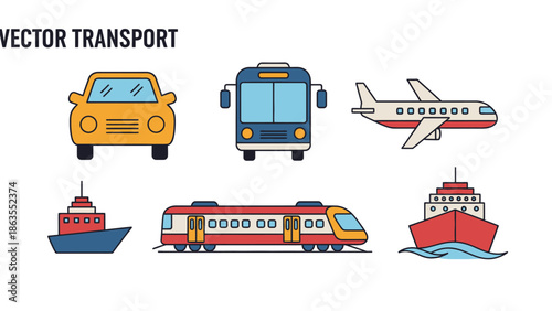 Collection of vector transport icons: car, bus, airplane, train, and ships. Flat design outline vehicles for travel and logistics.