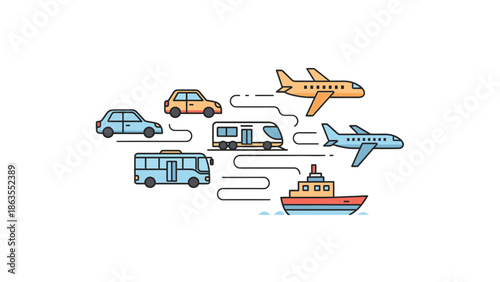 Diverse Transportation Methods: Cars, Bus, Caravan, Airplanes, and Boat Illustration for Travel, Logistics, and Global Mobility